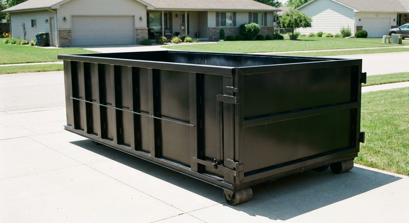 Matte-black 10-yard roll-off dumpster on a residential concrete driveway in Fenton, uniformly painted matte black across every panel and rail, ribbed steel sidewalls and rear swing door visible, mid-day daylight.