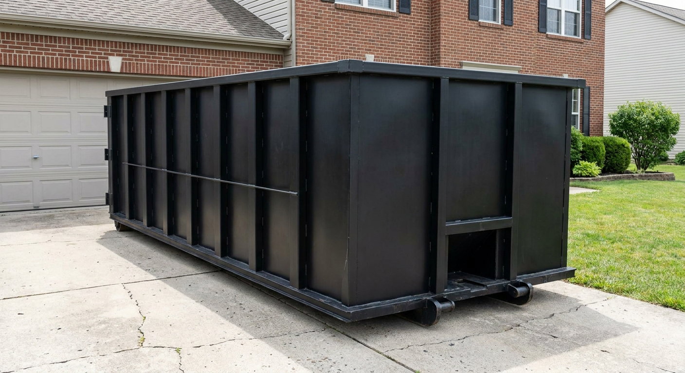 Matte-black 20-yard roll-off container on a Fenton residential concrete driveway with reinforced ribbed steel sidewalls and a hinged rear walk-in door, clean bright daylight.