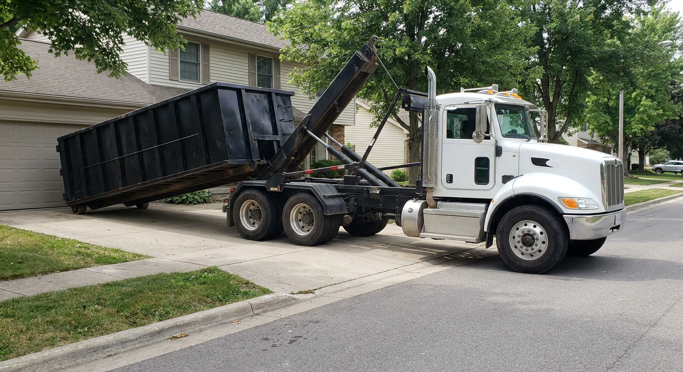 White-cab hooklift roll-off truck actively lowering a matte-black dumpster onto a Fenton residential concrete driveway, the dumpster's rear wheels touching the driveway as the hoist arm tilts the bed forward, mid-morning daylight.